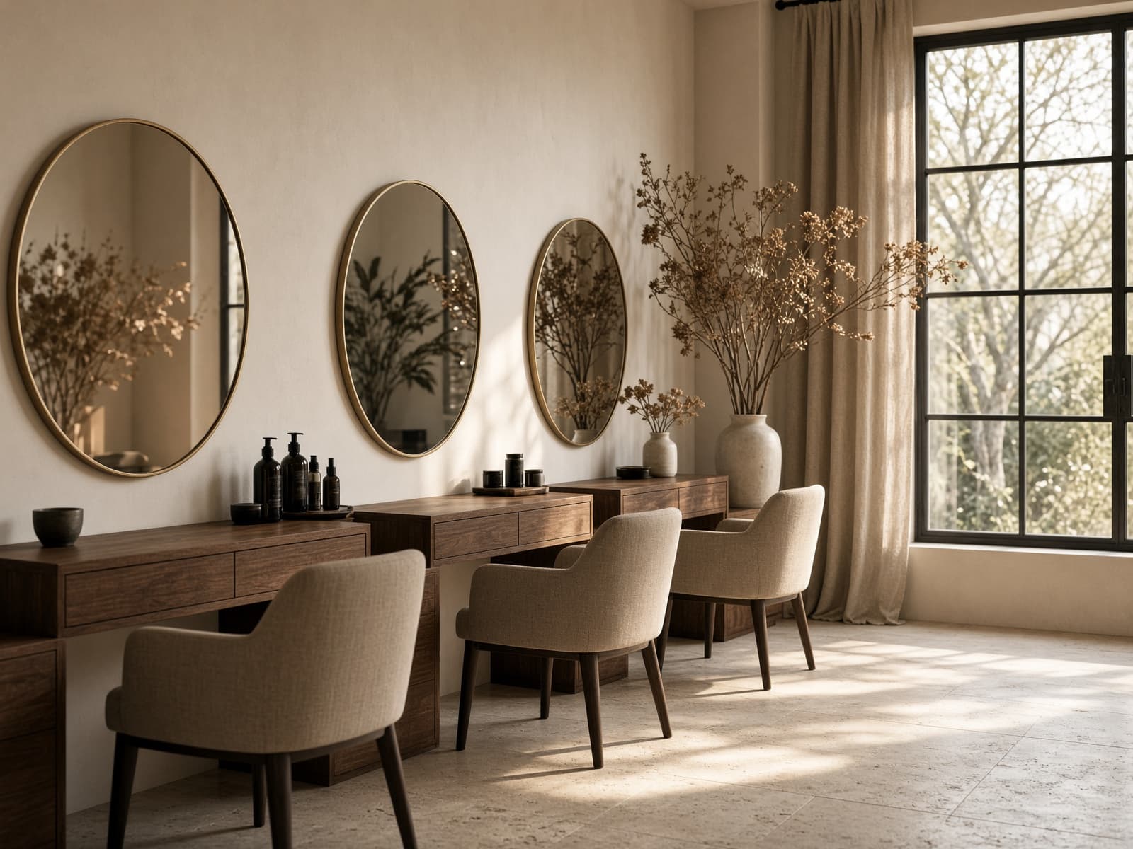 Salón boutique con estaciones de nogal y espejos redondos